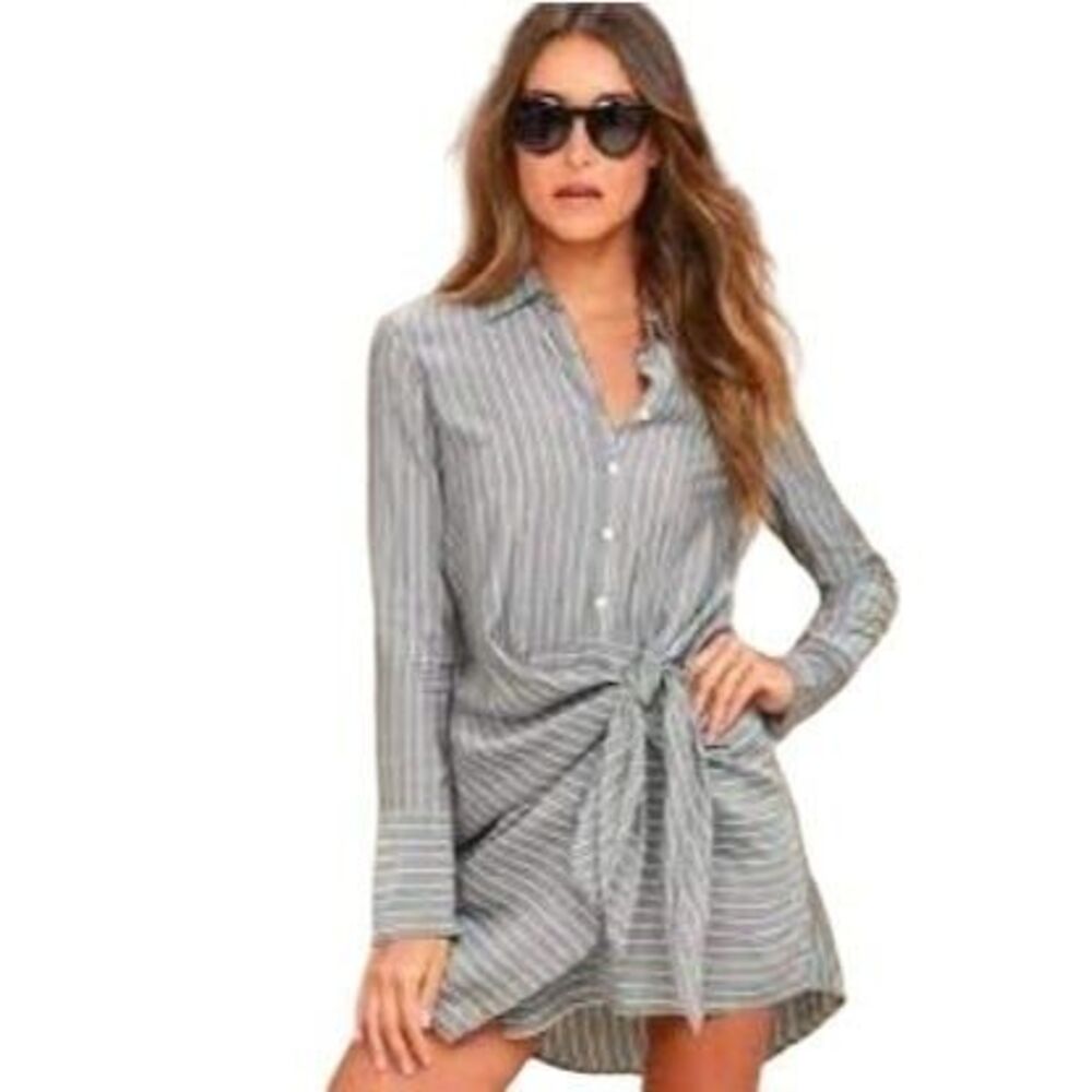 Lulu's Womens Shirt Dress Grey S Striped Poised and Proper Knotted New